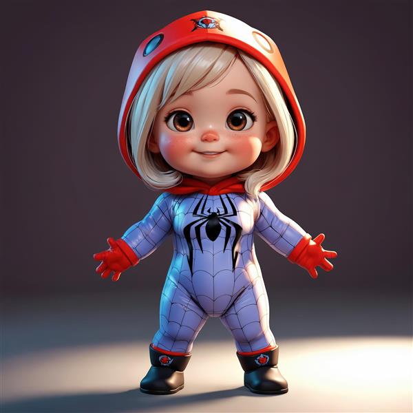 عکس اورجینال نوزاد دختر اسپایدرمن (گوئن) با لباس بنفش و ماسک، طرح سه‌بعدی فانتزی برای چاپ عریض