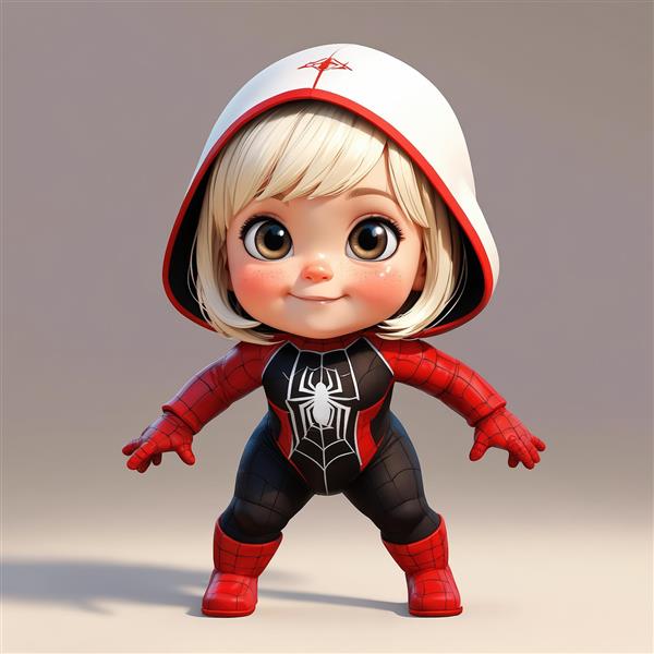 نوزاد دختر اسپایدرمن با کلاه سفید و قرمز، تصویر کارتونی سه‌بعدی باکیفیت برای پوستر و تابلو اتاق کودک