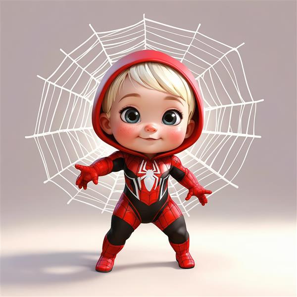 طرح پوستر کودک با لباس اسپایدرمن و چشم آبی در پس زمینه نورانی و تار عنکبوت
