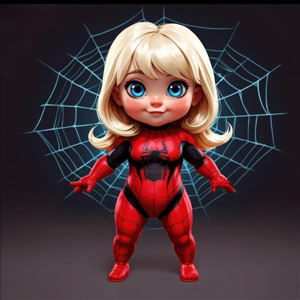 دختر کارتونی اسپایدرمن با پس زمینه تار عنکبوت نئونی و نور آبی (دکوراسیون فانتزی)