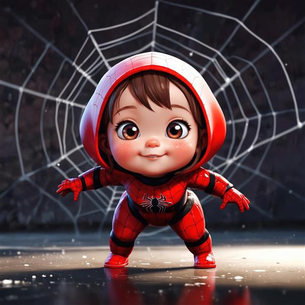 عکس پرتره کودک اسپایدرمن با موی قهوه‌ای و هودی قرمز در محیط تاریک (تابلو دیواری)