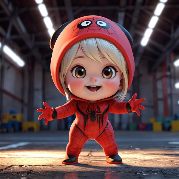 فانتزی کودکانه دختر با لباس مرد عنکبوتی در محیط انبار (پوستر صنعتی قهرمانی)