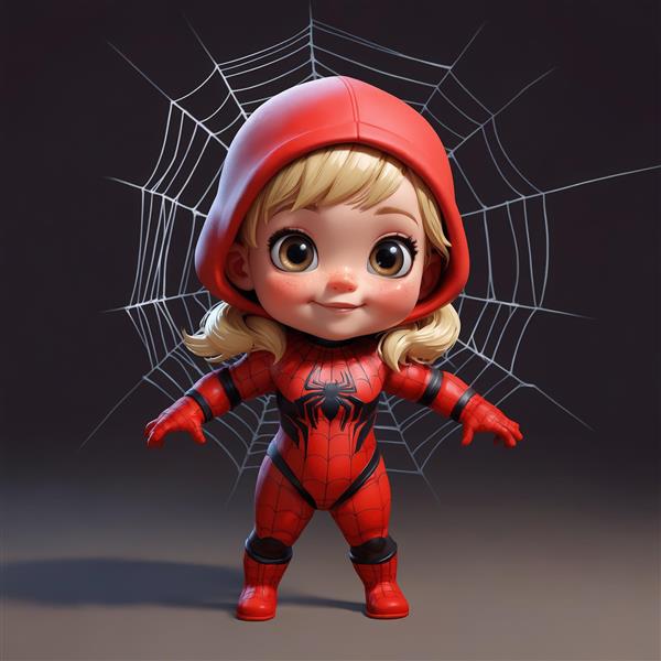 تصویر باکیفیت کاراکتر بچه‌گانه عنکبوتی با هودی و پس زمینه تار عنکبوت (چاپ دکوراتیو)
