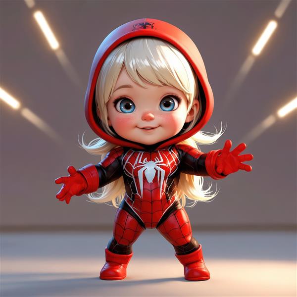 پوستر دختر عروسکی اسپایدر با موی بلوند و لباس قرمز و مشکی (تصویرسازی 3D)