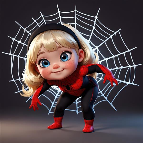 طرح گرافیکی سه‌بعدی کودک با لباس عنکبوتی در حال حرکت روی تار (مناسب پوستر فانتزی)