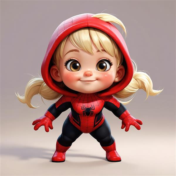 دختر کوچک قهرمان عنکبوتی بامزه با موی بلوند و کلاه قرمز برای چاپ روی بوم نقاشی