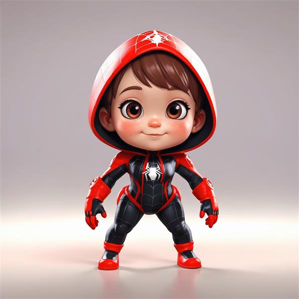 پوستر پسر بچه قهرمان عنکبوتی شجاع با لباس مشکی و قرمز (مناسب چاپ دیجیتال)