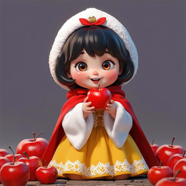 تصویر باکیفیت سفید برفی کارتونی میان سیب‌های قرمز برای چاپ تابلو دکوراتیو