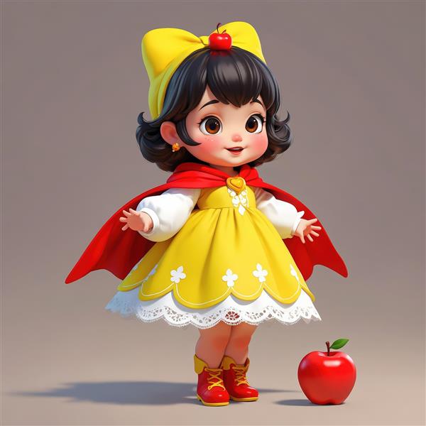 فانتزی سه بعدی سفید برفی با شنل قرمز و لباس زرد و سیب برای طرح دکوراسیون اتاق بچه