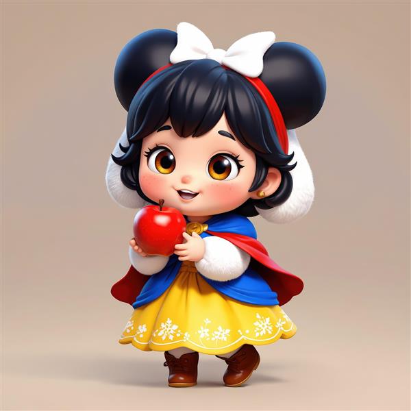 تصویر عروسکی دختر ناز شبیه سفید برفی با سیب در دست برای چاپ تابلو و کاغذ دیواری