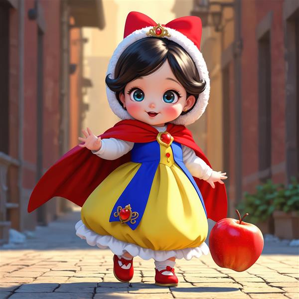 پوستر کارتونی سفید برفی زیبا و شاد در کوچه با سیب قرمز (مناسب اتاق کودک)