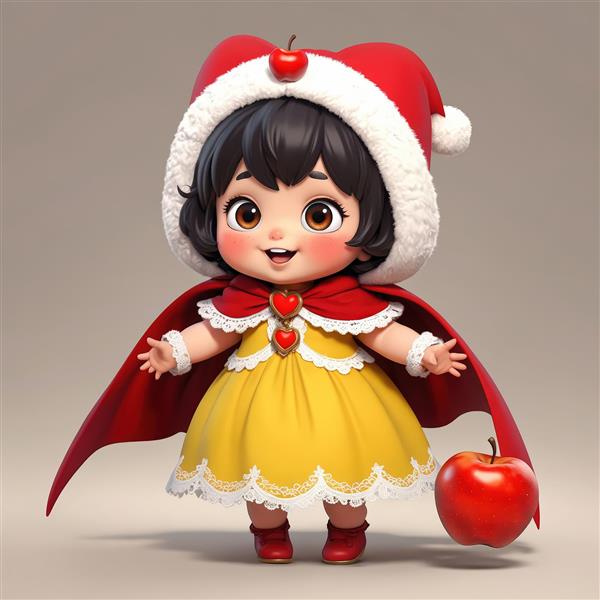 تصویر استوک عروسک سفید برفی با کلاه زمستانی و سیب در لباس زرد و سفید