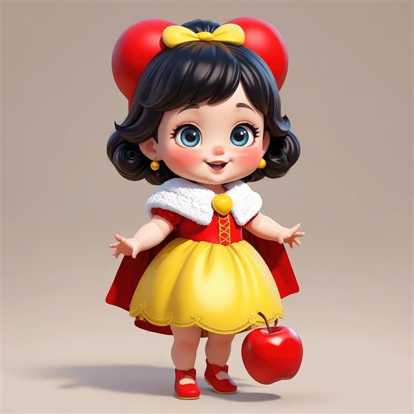 عکس سه بعدی عروسک سفید برفی با سیب و پاپیون زرد و لباس قلبی