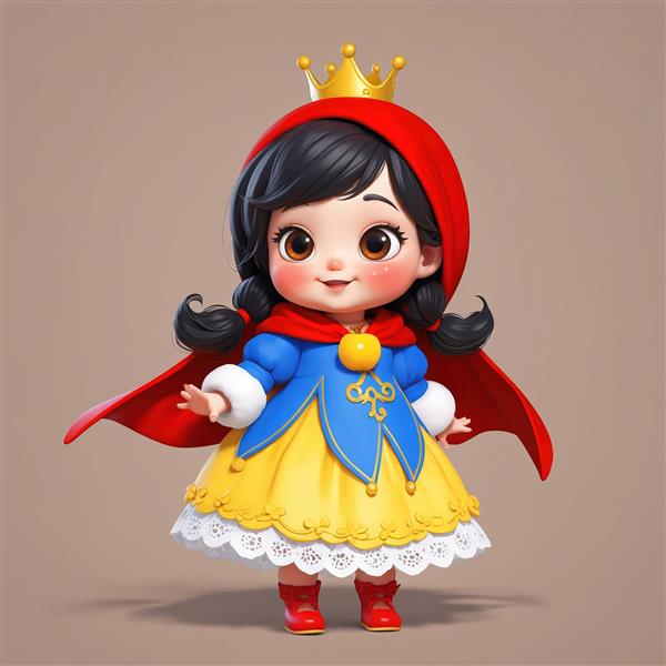 عروسک سفید برفی با تاج و کلاه قرمزی و شنل قرمز و لباس کلاسیک