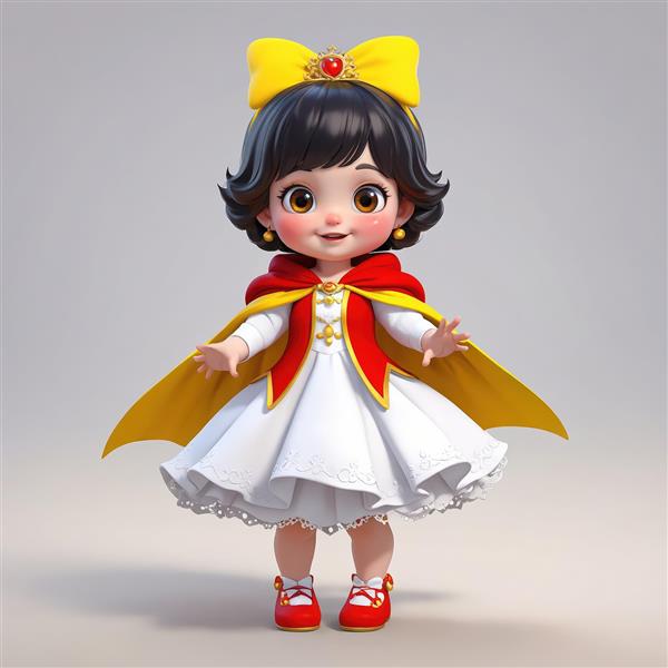 تصویر سه بعدی عروسک سفید برفی با پاپیون بزرگ زرد و لباس سفید و شنل