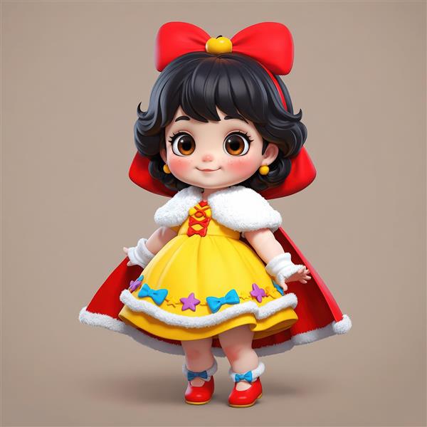 دانلود عکس عروسک سفید برفی با پاپیون زرد بزرگ و لباس زرد و قرمز