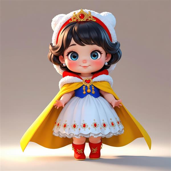 تصویر استوک عروسک سفید برفی با کلاه تاج‌دار پشمی سفید و شنل طلایی