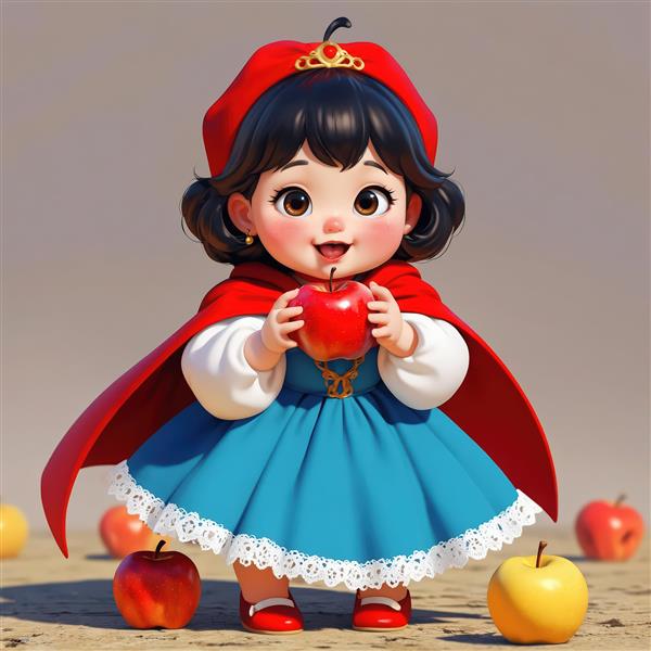 عروسک دخترانه سفید برفی در حال نگه داشتن سیب در فضای باز و نور روز