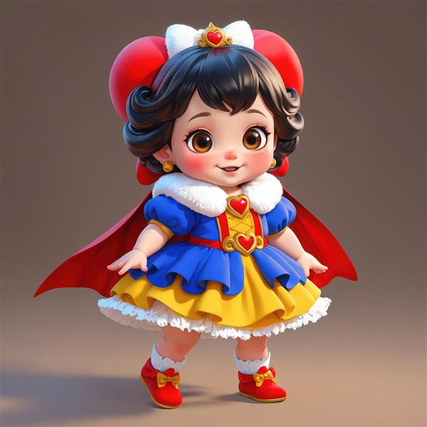 تصویر سه بعدی عروسک سفید برفی با پاپیون بزرگ قرمز و لباس آبی و زرد