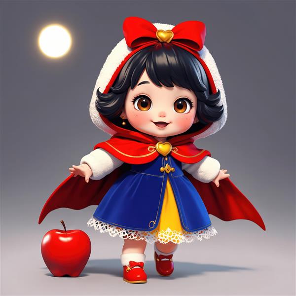 تصویر عروسک سفید برفی با سیب و خورشید یا ماه در پس زمینه تیره