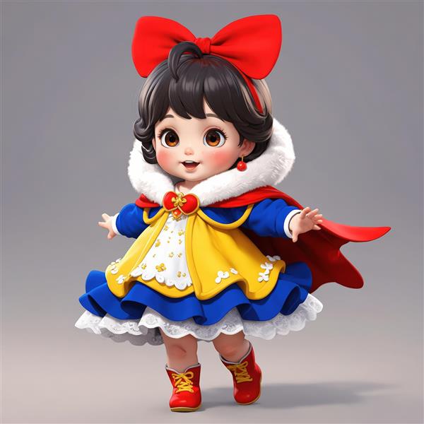 عکس سه بعدی سفید برفی کودک با پاپیون بزرگ قرمز و لباس چند لایه