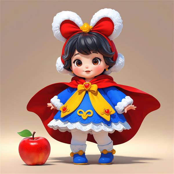 عروسک دخترانه با کلاه گوش‌دار پشمی و لباس سفید برفی با سیب