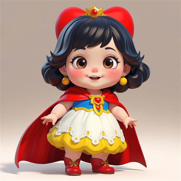 عروسک سفید برفی با تاج طلایی و شنل قرمز و موهای کوتاه سیاه