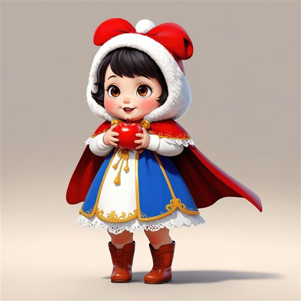 تصویر سه بعدی عروسک سفید برفی کودک در حال نگه داشتن سیب قرمز