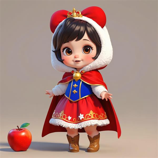 تصویر سه بعدی عروسک دختر با لباس و کلاه قرمز سفید برفی و سیب