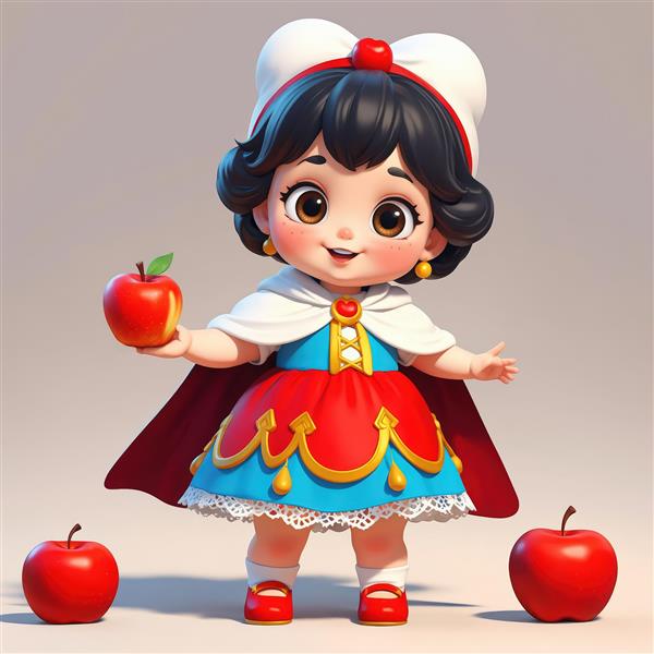 عروسک سفید برفی کارتونی در حال نگه داشتن سیب سرخ با لباس سفید و قرمز