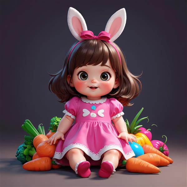 تصویر سه بعدی عروسک دختر با تم عید پاک، سبزیجات و هویج