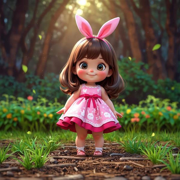 تصویر عروسک دختر با دامن پلیسه و لباس طرح خرگوش در جنگل و طبیعت