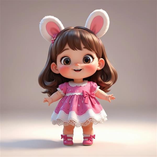 عکس سه بعدی دختر بچه با پاپیون صورتی و گوش‌های پولیشی در بک‌گراند ساده