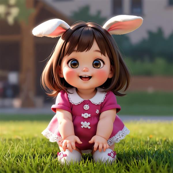 تصویر استوک عروسک کودک در حال نشستن روی چمن با یقه سفید دایره‌ای