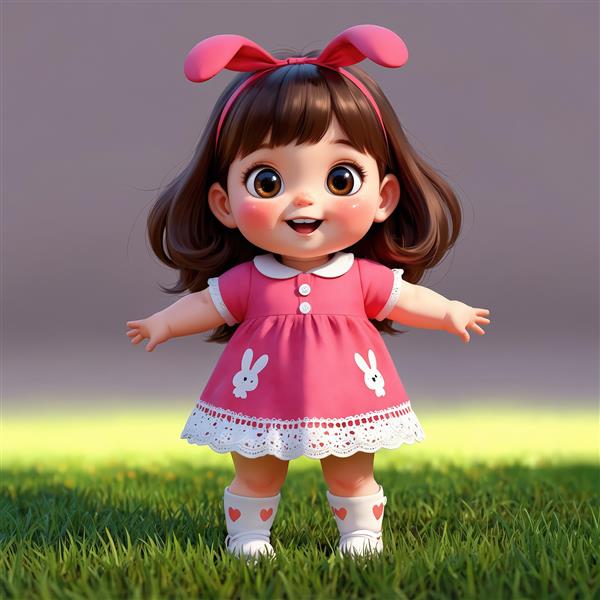 عروسک کودک با لباس صورتی و جوراب چکمه‌ای در محیط چمن و طبیعت