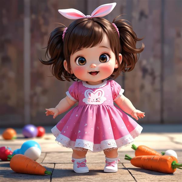 تصویر سه بعدی عروسک خندان با خرگوش روی سینه و هویج در کفپوش سنگی