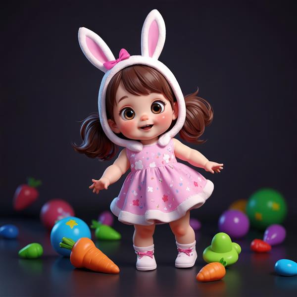 عروسک فانتزی دختر بچه با کلاه خرگوشی و هویج و تخم‌مرغ‌های رنگی