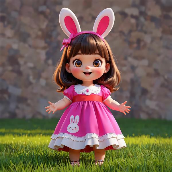 تصویر سه بعدی عروسک کودک با لباس طرح خرگوش در فضای باز و دیوار آجری