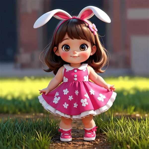 عکس استوک عروسک دخترانه خندان با هدبند خرگوش در پارک و فضای سبز