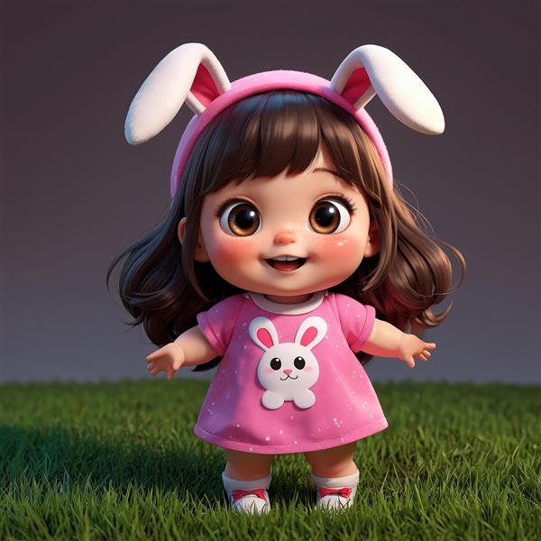 تصویر سه بعدی عروسک دختر با لباس صورتی طرح خرگوش روی چمن