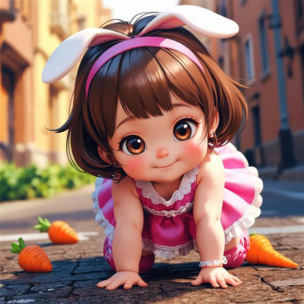 عروسک خردسال در حال چهاردست و پا با هویج در یک کوچه قدیمی شهری