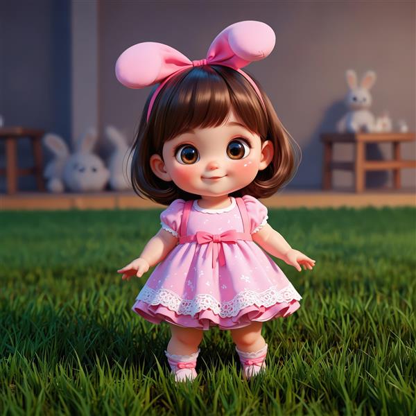 عکس عروسک دختر با پاپیون صورتی و گوش‌های آویزان در چمن‌زار شب