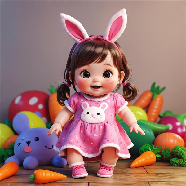 تصویر سه بعدی دختر بامزه با پس زمینه میوه و هویج و عروسک‌های رنگی