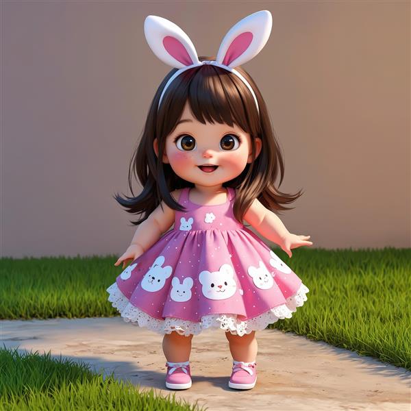 عروسک کودک کارتونی با طرح خرگوش روی لباس در محیط حیاط و چمن