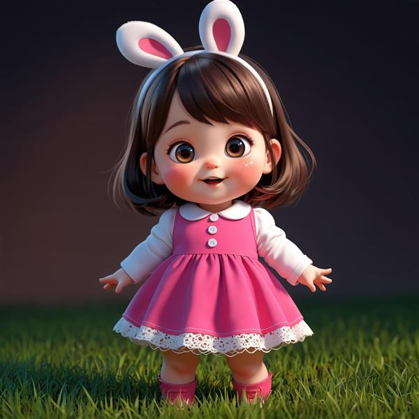 دانلود عکس استوک عروسک دختر با لباس صورتی و آستین سفید روی چمن