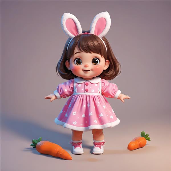 تصویر سه بعدی دختر فانتزی با هدبند خرگوش و لباس خالدار و دو هویج
