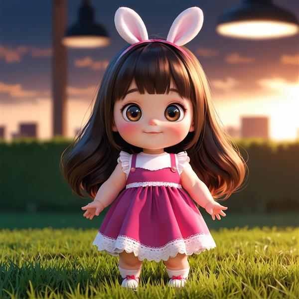 عروسک دخترانه با موهای بلند و لباس آویزدار صورتی روی چمن در غروب