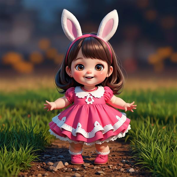 تصویر استوک عروسک کودک با لباس صورتی و هدبند خرگوش در طبیعت