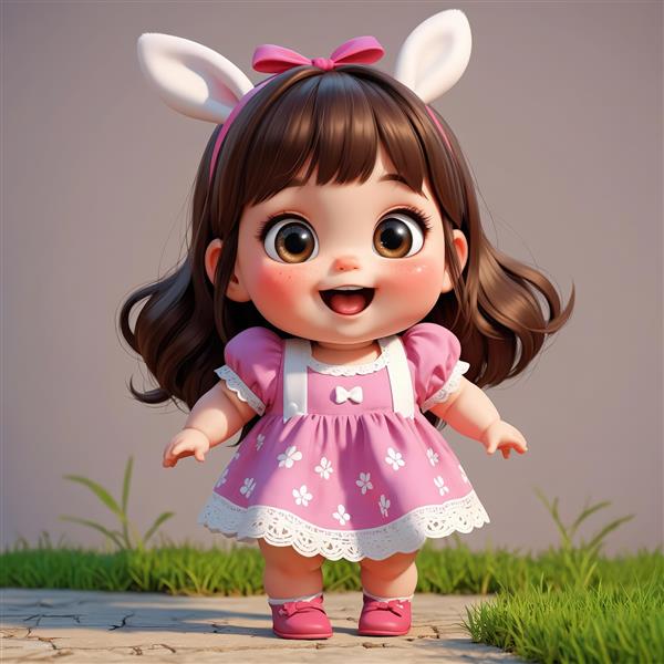 عروسک سه بعدی دختر بچه خندان با پیراهن صورتی و پاپیون خرگوشی
