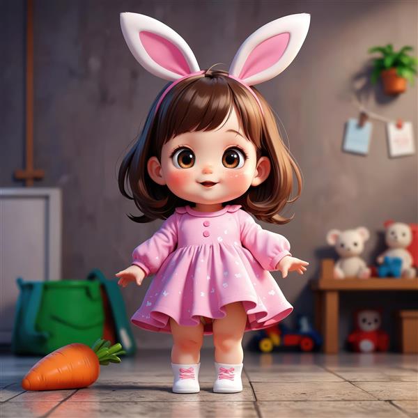 تصویر سه بعدی عروسک دختر با گوش خرگوشی در اتاق بازی با هویج